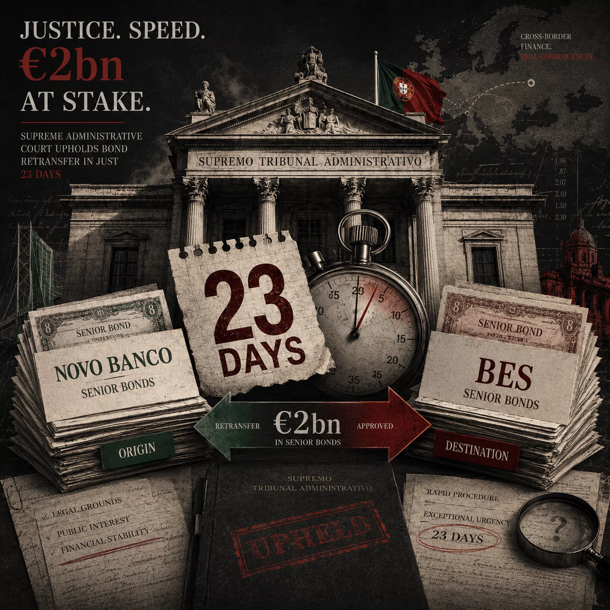 Square editorial illustration showing a Portuguese court building, Novo Banco and BES bond files, a &euro;2bn transfer arrow and a large &ldquo;23 days&rdquo; marker, representing the Supreme Administrative Court ruling.