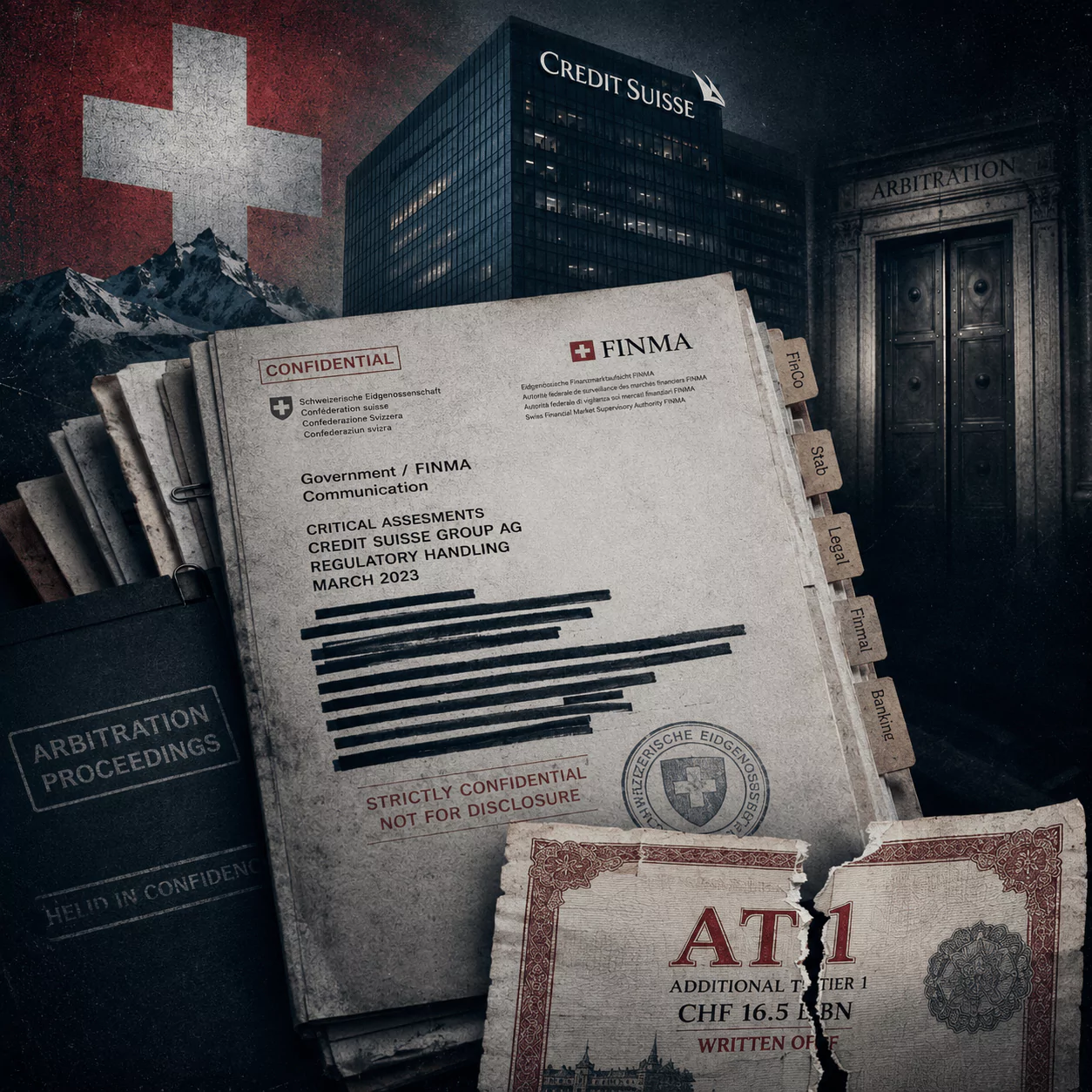 Torn AT1 bond and redacted Swiss files symbolising secrecy in the Credit Suisse AT1 arbitration